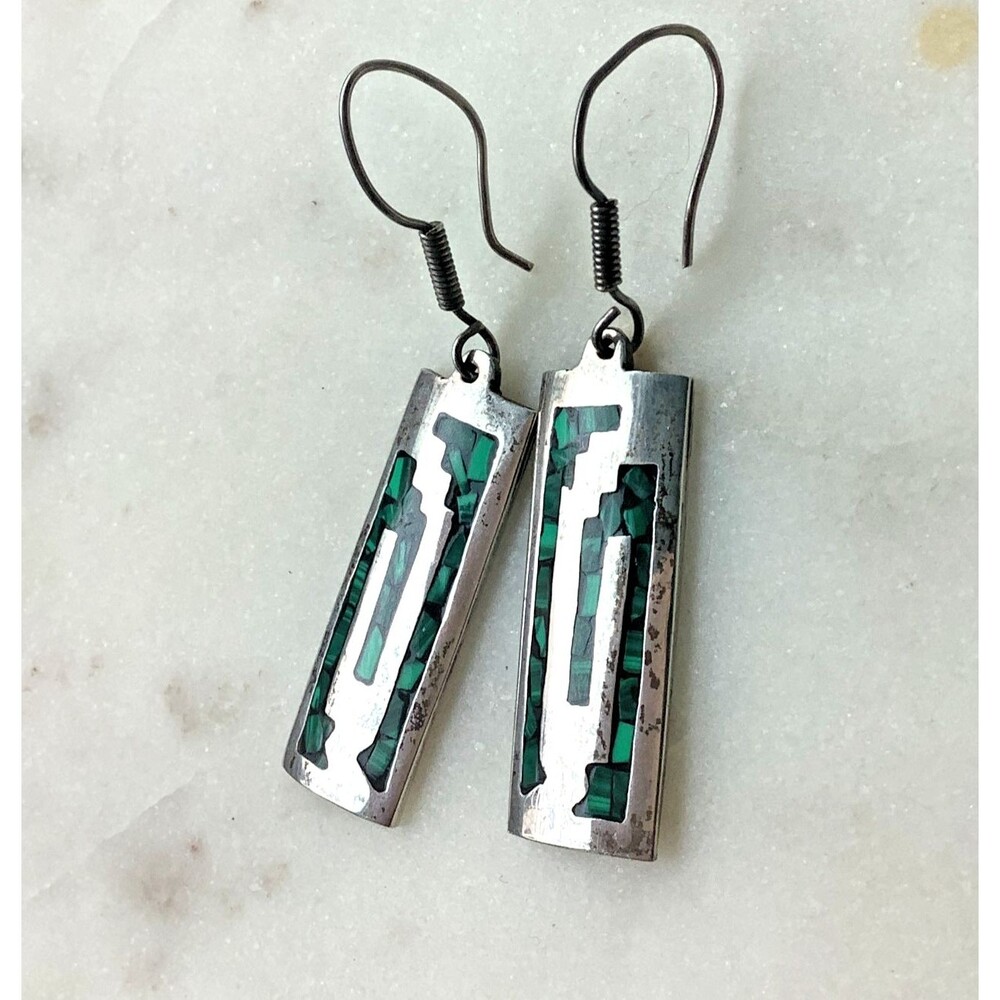 Vintage Taxco Sterling Earrings Handmade Mexico 925 Silver Malachite Aztec
